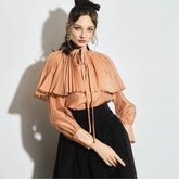 High-Waisted A-Line Organza Dress with Sheer Skirt and Long Sleeve Pleated Bodice